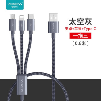 ROMOSSプリAndroid Type-C三合一充電ケ-ブルの電源充電宝の短い線0.6メトルの携帯電話はiPhone 11/Xs/8/フルーエレの充電器線に適用されます。
